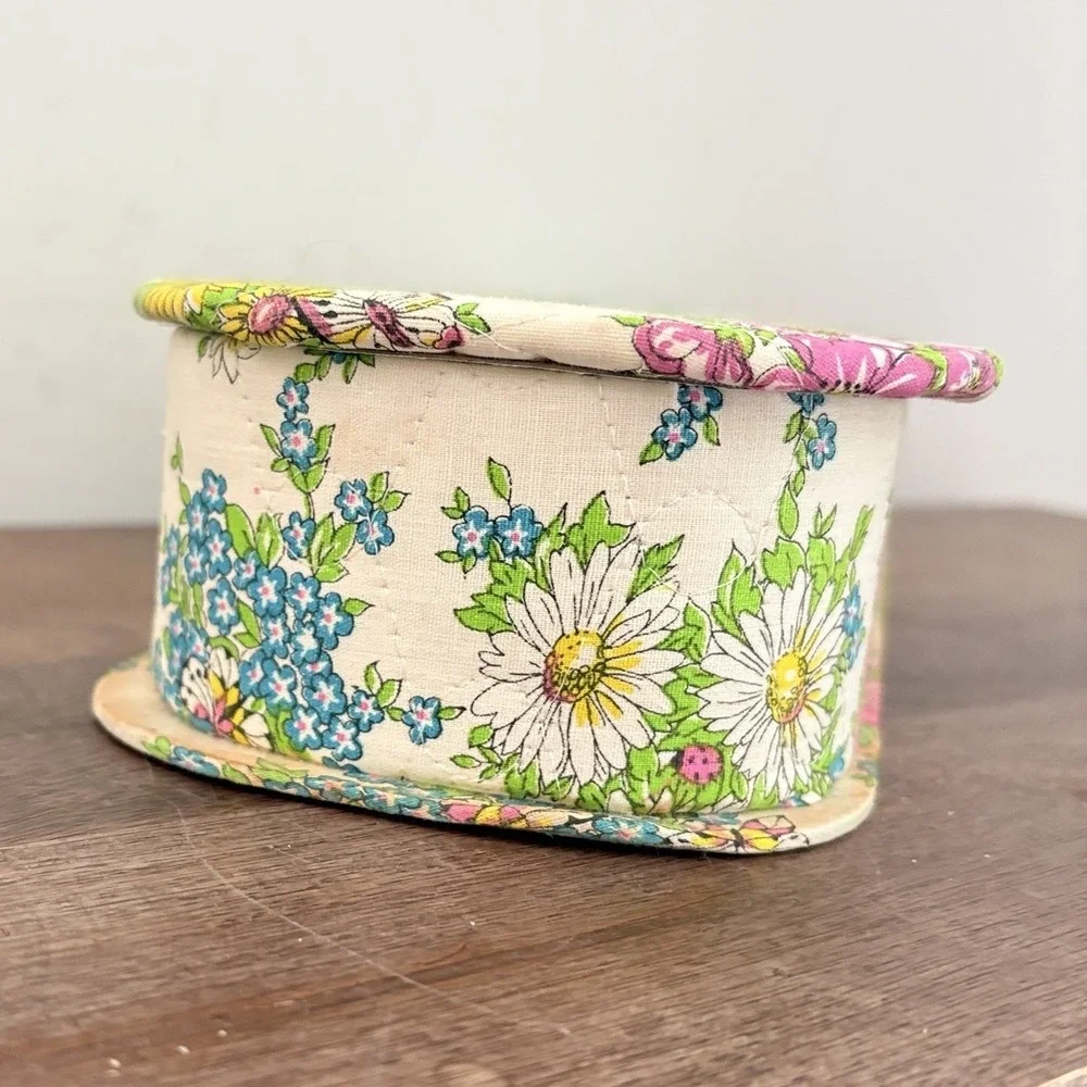 Vintage Floral Fabric Covered Trinket Box Vanity Storage Lidded Cottagecore 14